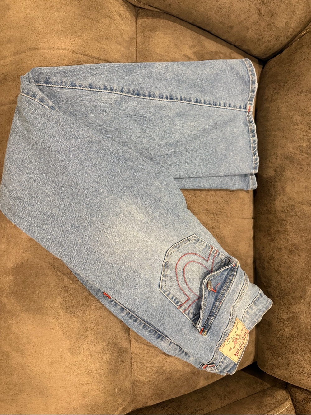 True Religion Joey Light Blue Mid Rise Flare Jeans with Red Stitch Accent